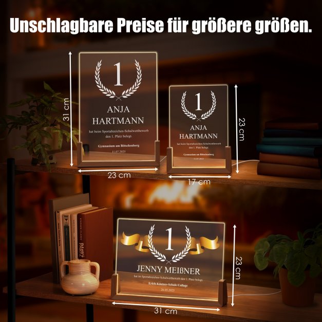 XL-Acrylglas mit eigenen Fotos und Holzständer mit LED-Beleuchtung für ein Mädchen eine Läuferin Sportlerin als Trophäe