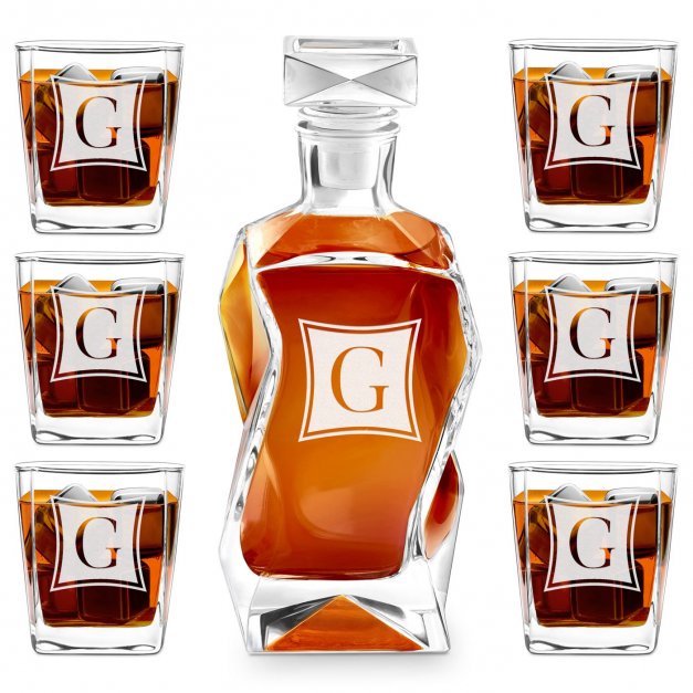 Whisky Karaffe Set mit 6 Gläsern mit eingravierten Initialen für sie, ihn und ein Paar