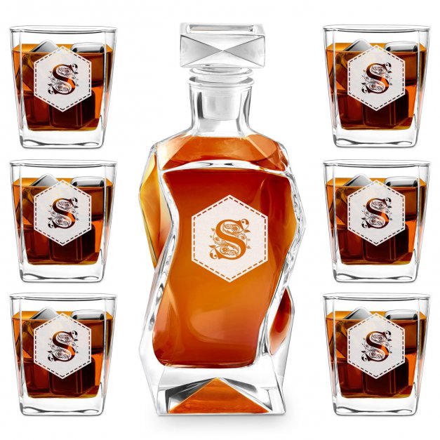 Whisky Karaffe Set mit 6 Gläsern mit eingravierten Initialen für ein Paar, sie und ihn