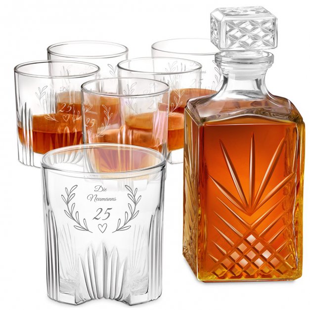 Kristall Whiskykaraffe mit 6 Gläsern mit Gravur für ein Paar zum 25. Hochzeitsjubiläum