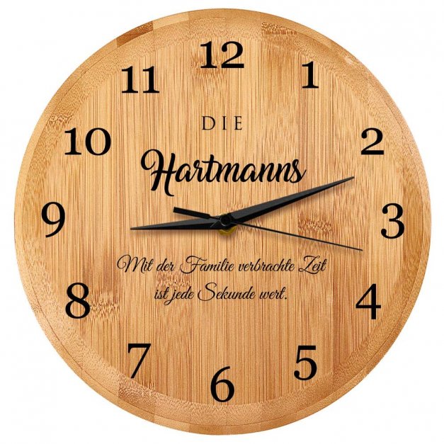 Bambus Wanduhr mit Aufdruck für ein Paar zum Hochzeitstag, zur Einweihungsparty