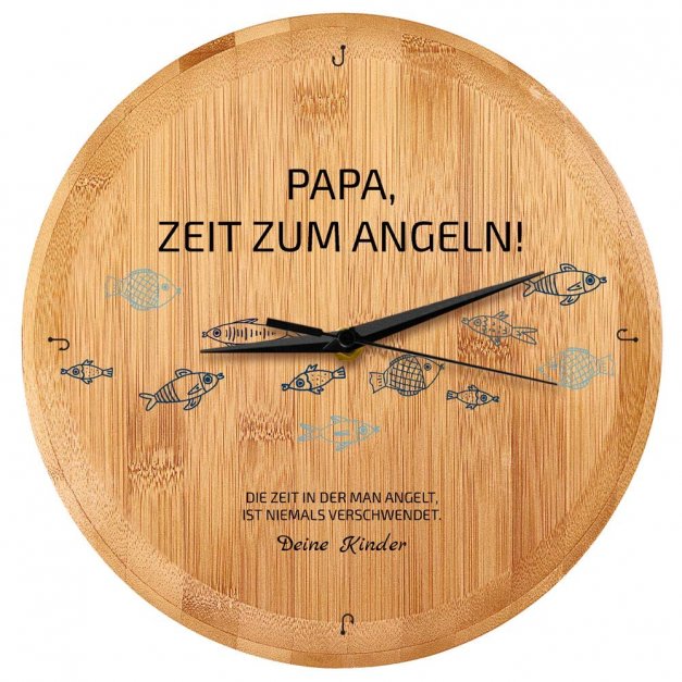 Bambus Wanduhr mit Aufdruck für Papa Angler