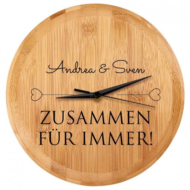 Bambus Wanduhr mit Aufdruck für ein Paar zum Hochzeitstag, zur Einweihungsparty