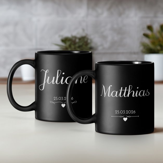 2 Keramikbecher mit Gravur Schwarz/Matt für ein Paar zur Hochzeit zum Jubiläum