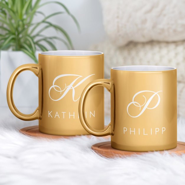 2 Kaffeebecher mit Gravur Gold/Glänzend für ein Paar zur Hochzeit zum Hochzeitstag zum Einzug