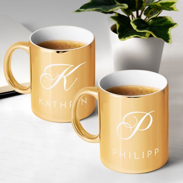 2 Kaffeebecher mit Gravur Gold/Glänzend für ein Paar zur Hochzeit zum Hochzeitstag zum Einzug