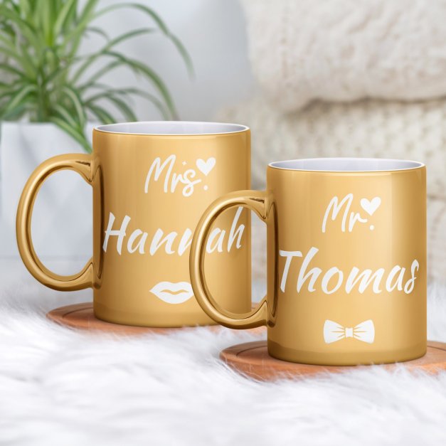 2 Kaffeebecher mit Gravur Gold/Glänzend für ein Paar zur Hochzeit zum Hochzeitstag