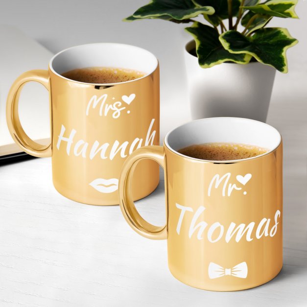 2 Kaffeebecher mit Gravur Gold/Glänzend für ein Paar zur Hochzeit zum Hochzeitstag