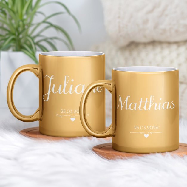 2 Kaffeebecher mit Gravur Gold/Glänzend für ein Paar zur Hochzeit zum Jubiläum