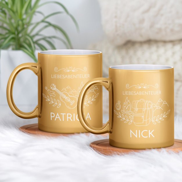 2 Kaffeebecher mit Gravur Gold/Glänzend für Weltenbummler, Gittarist zur Hochzeit zum Hochzeitstag zum Einzug Valentinstag