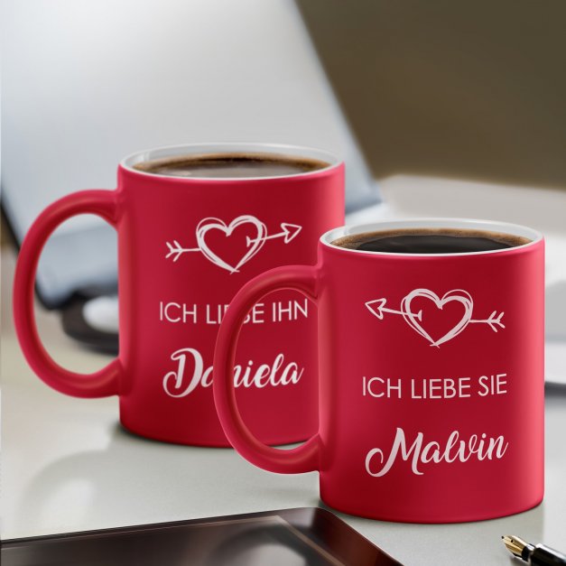 2 Keramikbecher mit Gravur Rot/Matt für ein Paar zur Trauung Verlobung Einweihung zum Valentinstag