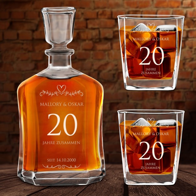 Whisky Karaffe Set mit 2 Gläsern mit Gravur für ein Paar zum 20. Hochzeitsjubiläum