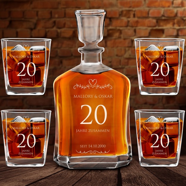 Whisky Karaffe Set mit 4 Gläsern mit Gravur für ein Paar zum 20. Hochzeitsjubiläum