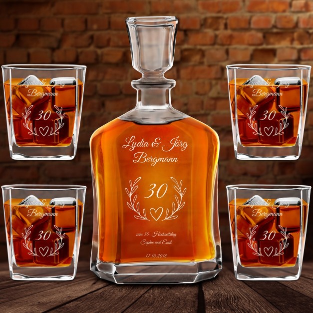 Whisky Karaffe Set mit 4 Gläsern mit Gravur für ein Paar zum 30. Hochzeitsjubiläum