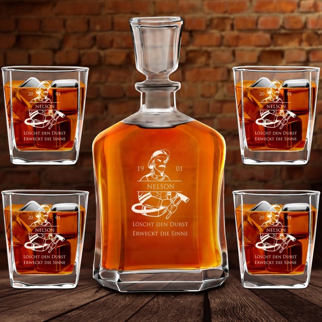 Whisky Karaffe Set mit 4 Gläsern mit Gravur für einen Feuerwehrmann zum Geburtstag