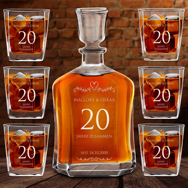 Whisky Karaffe Set mit 6 Gläsern mit Gravur für ein Paar zum 20. Hochzeitsjubiläum