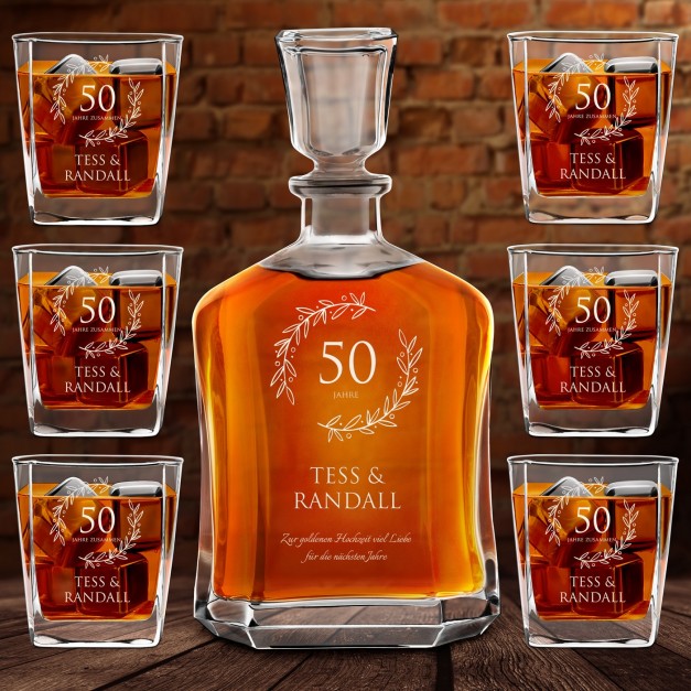 Whisky Karaffe Set mit 6 Gläsern mit Gravur für ein Paar zum 50. Hochzeitstag