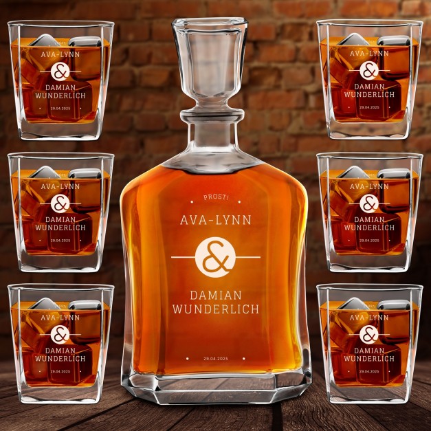 Whisky Karaffe Set mit 6 Gläsern mit eingravierter Widmung für ein Paar zur Hochzeit oder zum Hochzeitsjubiläum